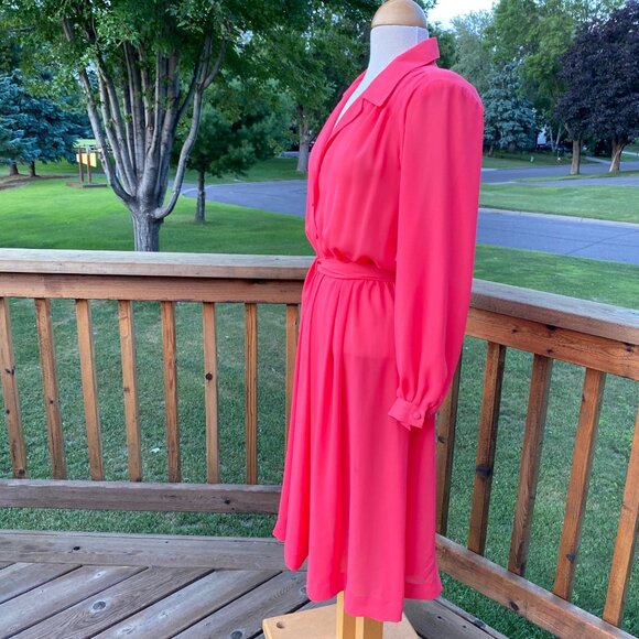 Vintage 80s Willi Petites Pink Button-Up Belted Dress Size 12 Polyester Lined - Picture 9 of 16